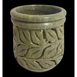 Vintage Yankee Candle Green Soapstone Carved Leaf Design Candle Holder or Tea Li